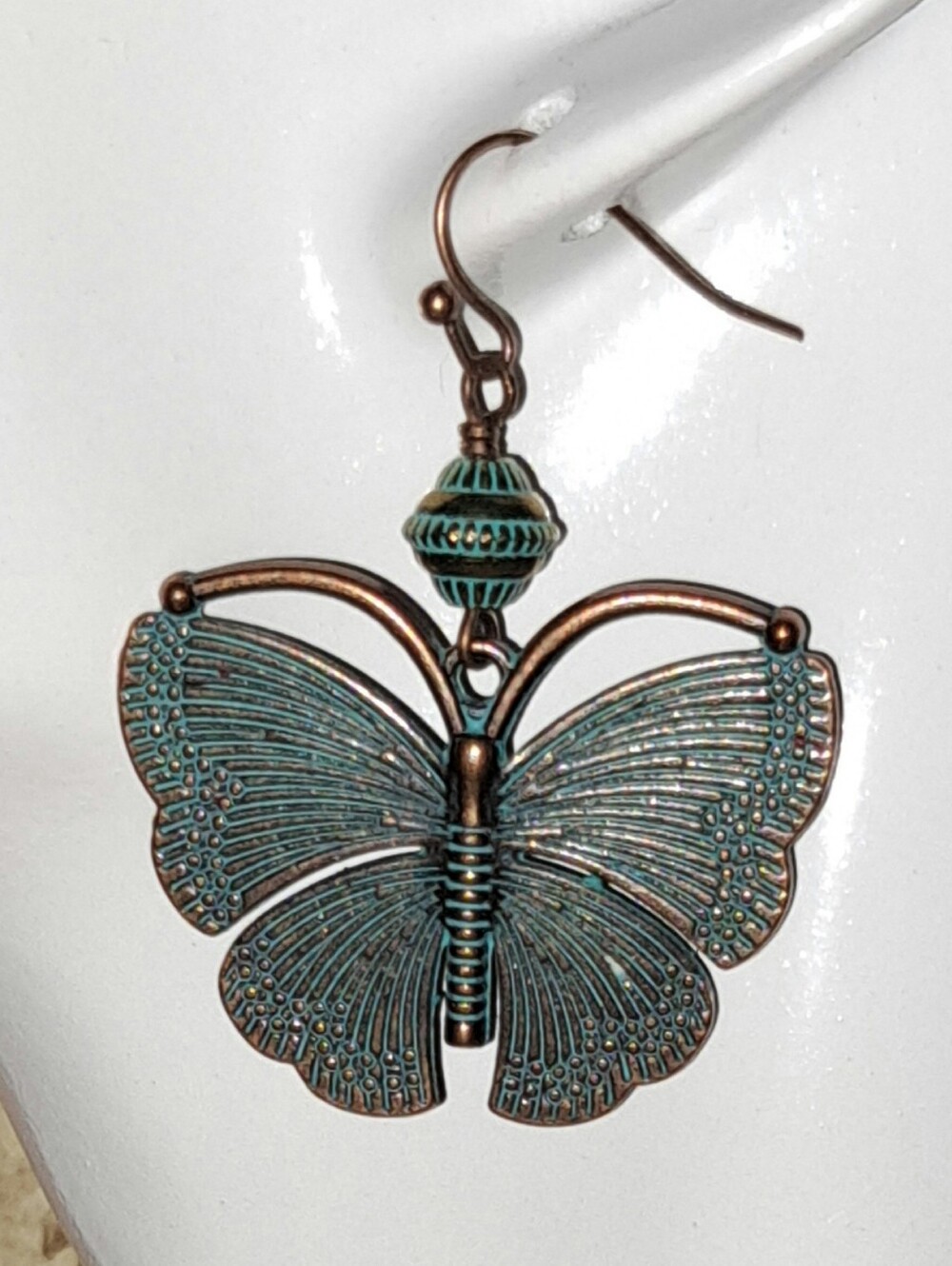Verdigris Butterfly Drop Earrings with Antique Bronze Accents